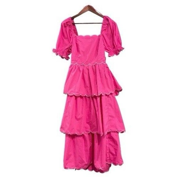 English Factory Scallop Tiered Pink Dress Size Medium Puff Sleeve Open Back Midi - Picture 2 of 12